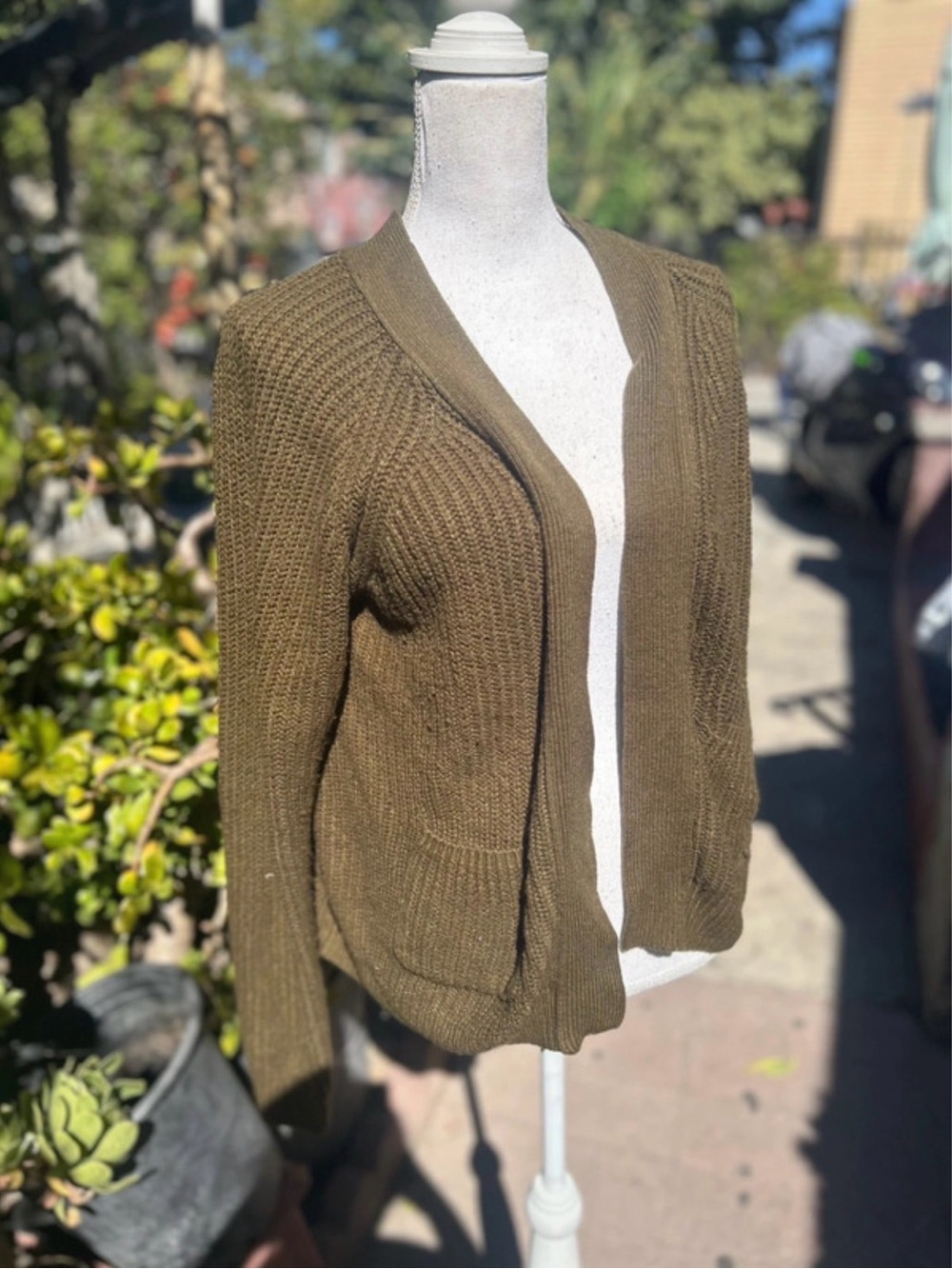 Open-Front Olive Knit Cardigan Sweater